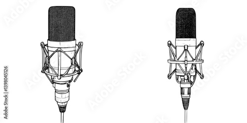 Vector hand draw of two distinct microphones showcasing their designs side by side in monochrome style