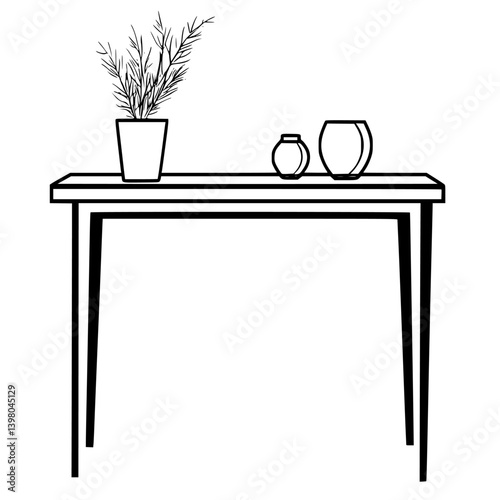 Vector hand drawing of a minimalist table with a plant and decorative vases