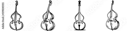 Vector hand drawn illustrations of a double bass from multiple angles showcasing its elegant design and structure for music enthusiasts
