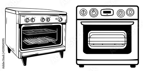 Distinctive vector hand draw of two different styles of ovens with detailed designs for modern kitchens