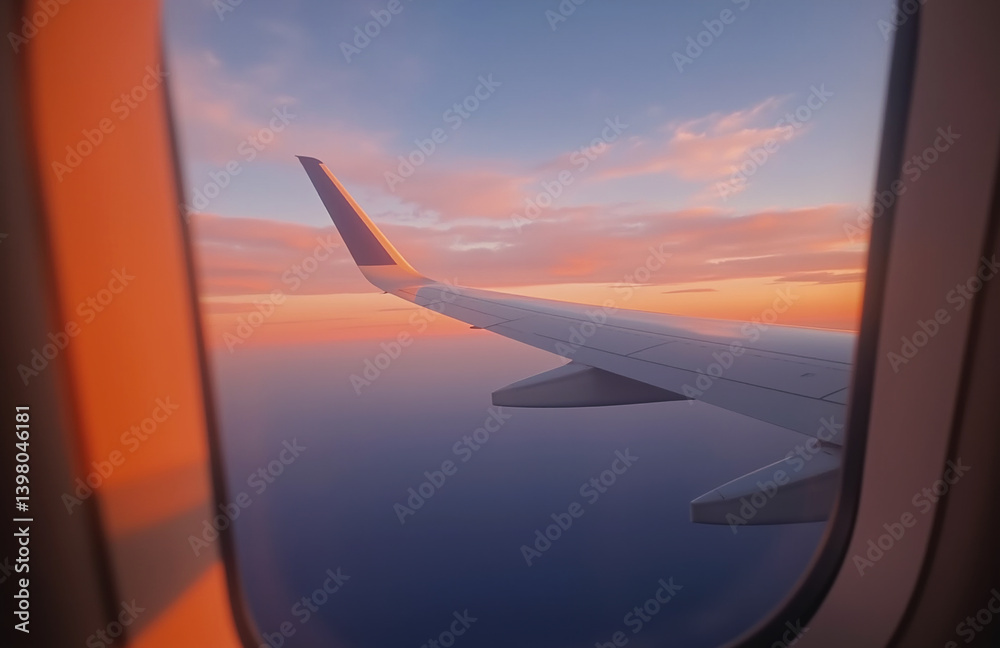 Obraz premium Aerial view through aircraft window at sunset with wing