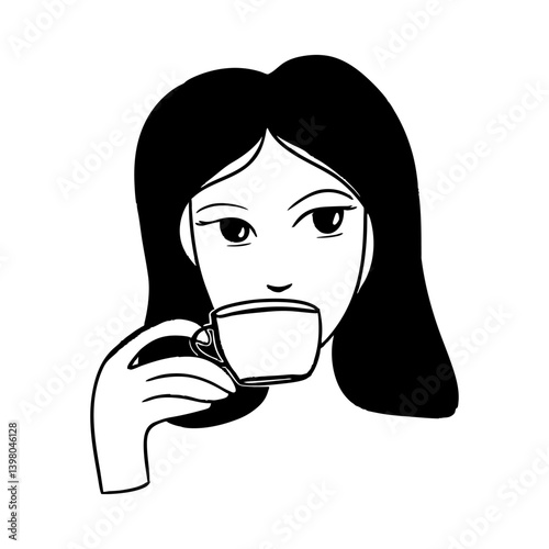 Minimalist Vector Illustration of Woman Drinking Coffee or Tea
