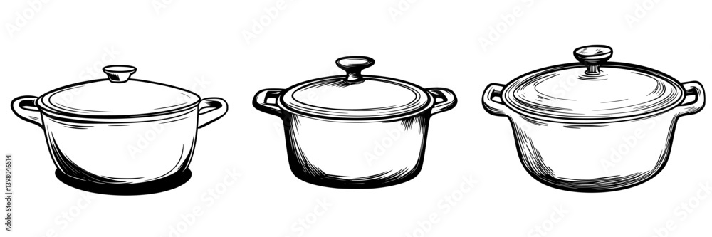 Hand-drawn vector illustration of various cooking pots in different styles and shapes
