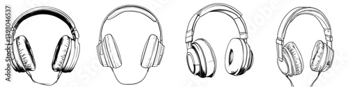 Vector hand draw of various headphone designs showcasing diverse styles and shapes for audio enthusiasts and designers