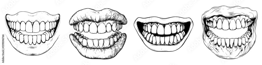 Various hand-drawn vector illustrations of smiles showcasing different expressions and teeth styles in black and white Various hand-drawn vector illustrations of smiles showcasing different expressions and teeth styles in black and white