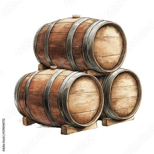 Oak Barrels: A visually appealing display of oak barrels stacked, emphasizing traditional craftsmanship and the rich heritage of winemaking and spirits production.