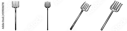 Multiple vector hand drawn illustrations of gardening forks on a white background showcasing different designs and angles
