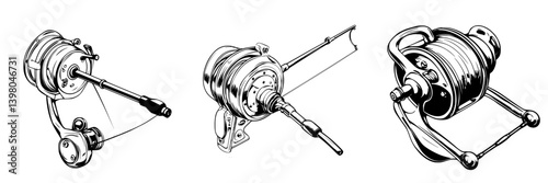 Classic fishing reels illustrated in vector hand draw style showcasing intricate details and mechanics in a clean design