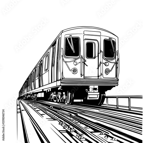 Vector hand drawn illustration of a subway train in motion over tracks