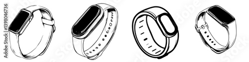 Hand-drawn vector designs of fitness tracking wristbands showcasing various styles and angles