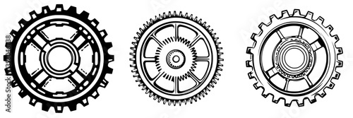 Detailed vector hand draw of three distinct gears showcasing intricate designs and mechanical elements in a clear presentation