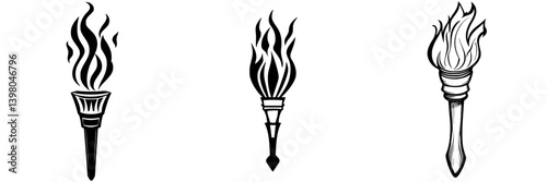Vector hand-drawn torches with flames in various designs, representing light and inspiration