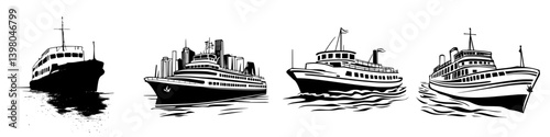 Vector hand draw of four distinct boats navigating through calm waters in a coastal city setting