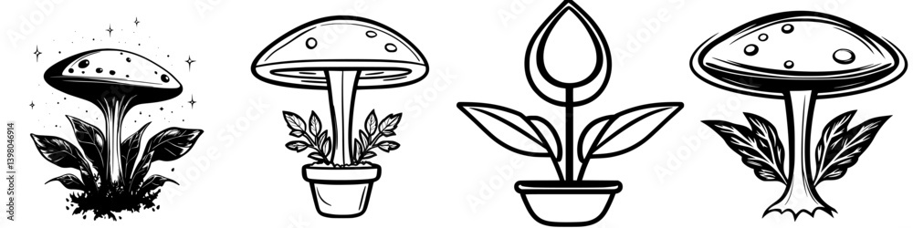Vector hand-drawn designs of mushrooms and plants showcasing nature's beauty and creativity in botanical art styles