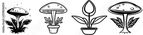 Obraz na płótnie Vector hand-drawn designs of mushrooms and plants showcasing nature's beauty and creativity in botanical art styles w salonie