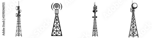 Vector hand draw of communication towers showcasing various designs and structures in a simplistic style