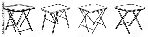 Vector hand draw of four folded tables arranged in a row, showcasing their simple design and portability for various activities