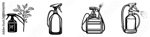Detailed vector hand drawing of various spray bottles used for gardening and home care