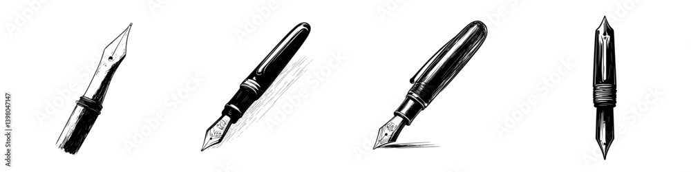Vector hand drawn fountain pens showcasing different styles and angles on a clean background