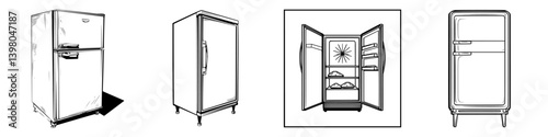 Vector hand drawn illustrations of various refrigerator designs showcasing different styles and features in a minimalist format