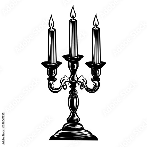 Elegant three-candle candelabra design in intricate vector hand-drawn style for warm ambiance and decor
