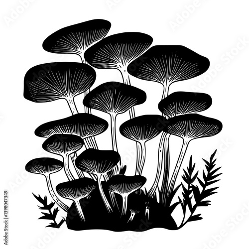 Mushrooms growing in a natural habitat showcasing delicate details of flora and unique shapes in a hand-drawn vector style