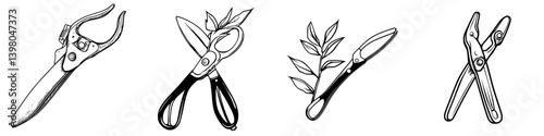 Vector hand draw of gardening tools including pruning shear, scissors, and shears with leaves in a natural setting