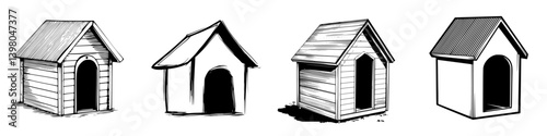 Hand-drawn vector illustrations of four unique dog houses showcasing different styles and designs for pet owners