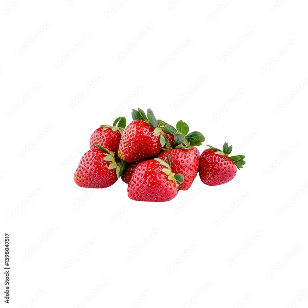 Fresh, ripe strawberries with vibrant red color and green leaves are arranged in cluster, showcasing their juicy texture and natural sweetness Fresh, ripe strawberries with vibrant red color and green leaves are arranged in cluster, showcasing their juicy texture and natural sweetness