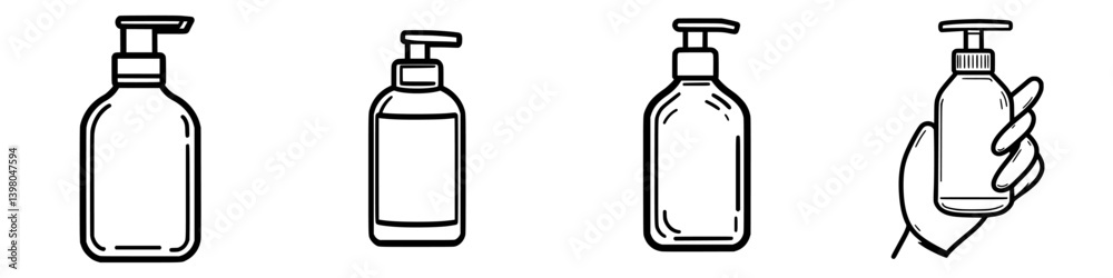 Vector hand drawn collection of various bottle designs showcasing different shapes, sizes, and a hand holding one Vector hand drawn collection of various bottle designs showcasing different shapes, sizes, and a hand holding one