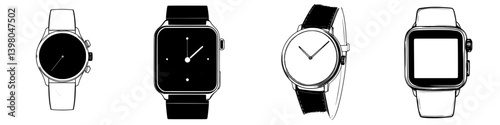Artistic vector hand draw of four distinct watch designs showcasing modern and classic styles in simple black and white tones