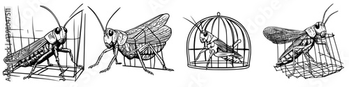 Detailed vector hand drawing of crickets in various poses inside cages illustrating a life of confinement