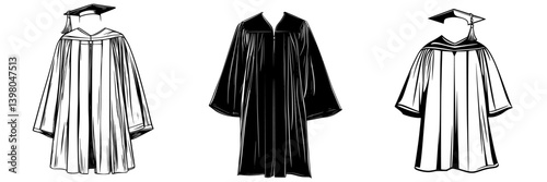 Vector hand drawn graduation gowns representing different educational levels and styles for academic ceremonies