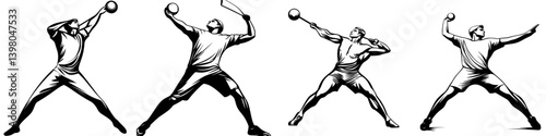 Dynamic vector hand draw of athletes engaged in various throwing techniques during a sports competition