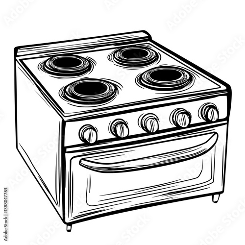 Hand-drawn vector illustration of a classic kitchen stove with four burners and an oven