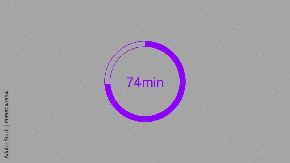 74 minutes, digital countdown timer purple color 4k illustration. Light gray background 4k illustration. 74 minutes, digital countdown timer purple color 4k illustration. Light gray background 4k illustration.