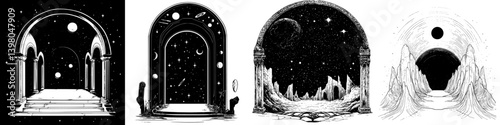 Beautiful vector hand-drawn arches opening to cosmic landscapes with stars and planets in black and white style