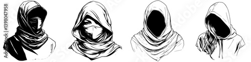 Expression of mystery and identity through vector hand-drawn figures with hoods in minimalist style