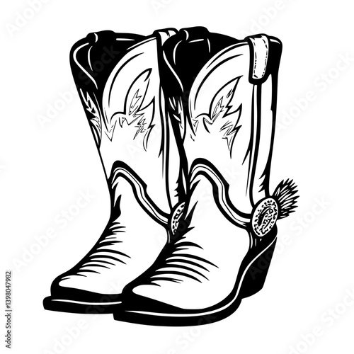 Stylish vector hand-drawn cowboy boots with intricate details showcasing Western fashion and culture