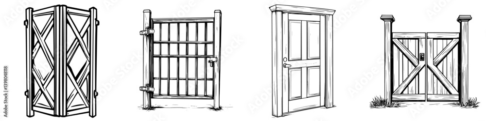 Unique vector hand draw designs of various wooden gates and doors showcasing intricate craftsmanship Unique vector hand draw designs of various wooden gates and doors showcasing intricate craftsmanship
