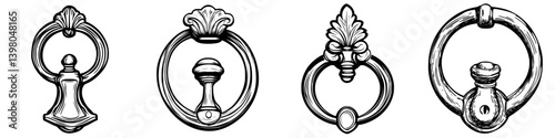 Hand-drawn vector designs of decorative door knocker styles showcasing classic craftsmanship and intricate details