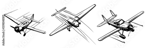 Vector hand drawn illustrations of vintage aircraft in flight showcasing diverse designs and styles