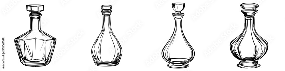Elegant collection of vector hand-drawn glass decanters showcased in various shapes and sizes for artistic display