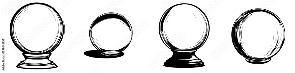 Vector hand-drawn collection of mystical crystal balls with various designs for fortune telling and divination Vector hand-drawn collection of mystical crystal balls with various designs for fortune telling and divination