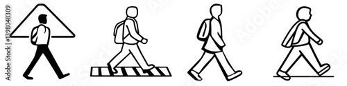Vector hand draw of pedestrians walking in different styles across various settings