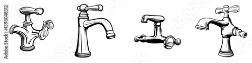 Various hand-drawn vector illustrations of vintage faucets showcasing unique designs and styles