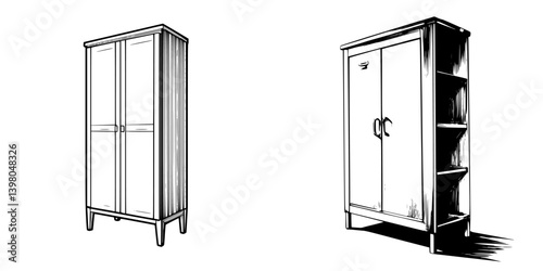Vector hand-drawn wooden cabinets showcasing elegant designs and functional storage solutions for modern interiors