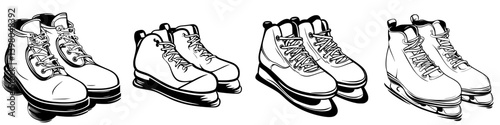 Variety of footwear including hiking boots, casual shoes, and ice skates illustrated in a detailed vector hand-drawn style