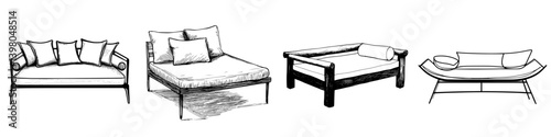 Elegant vector hand-drawn furniture designs featuring various styles of sofas suitable for modern interiors