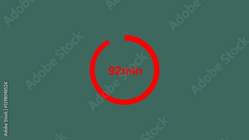 92 minutes, digital countdown timer red color 4k illustration. Medium gray cyan background 4k illustration.